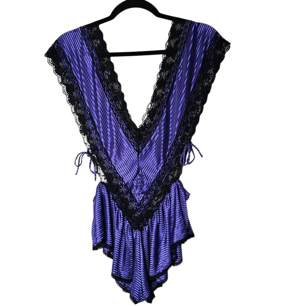 ❤️VTG M Purple Black Lace Trim Bodysuit Romper Lingerie Whimsigoth Fairy Grunge